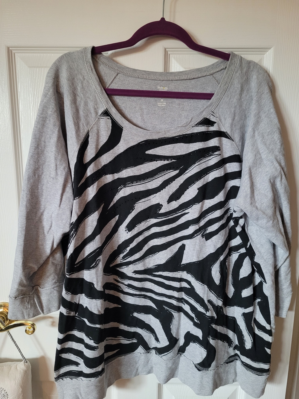 Style & Co. Gray Scoop Neck Zebra-Print Sweatshirt